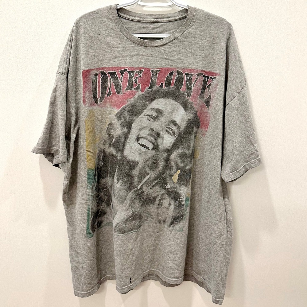 Bob Marley One Love Graphic T-Shirt Gray‎ Reggae Music Oversized Mens 2XL XXL